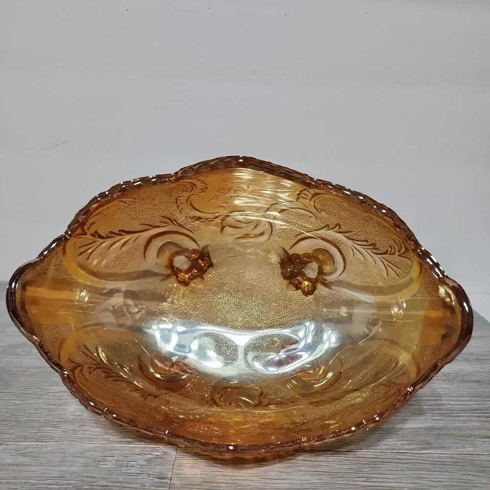 Vintage Indiana Marigold Footed Carnival Glass‎ Oval Bowl Compote Scalloped Edge